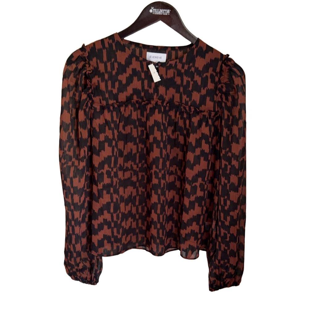 Evereve Houndstooth Long Sleeve Blouse‎ Top Women S Rust Black Sheer Boho